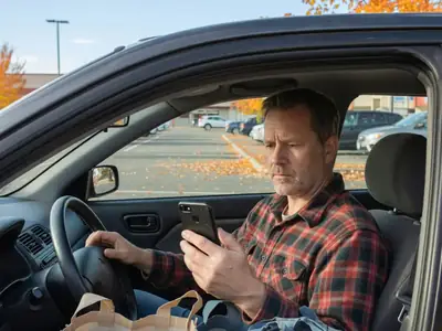A man in a parked car scrolling his phone before going into a grocery store, his shopping bags on the passenger seat.
