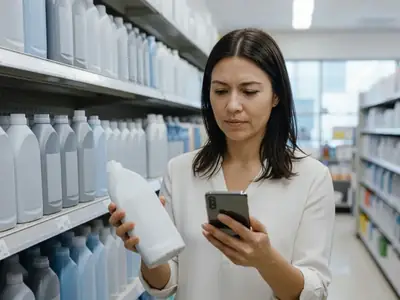 A woman in a household-goods store aisle holding her phone with the screen facing away from the camera while checking a plain bottle of dish soap in her other hand.
