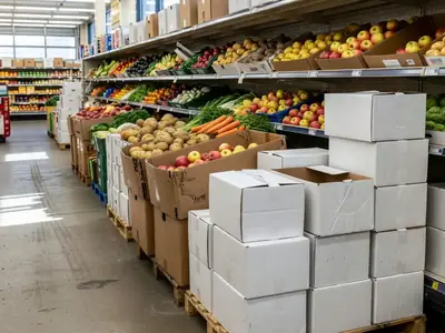 A no-frills discount grocery aisle with produce in cardboard bins and plain white boxes stacked on pallets.