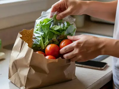 Close-up of hands lifting a discounted bag of salad greens and a few tomatoes out of a paper grocery bag on a counter.