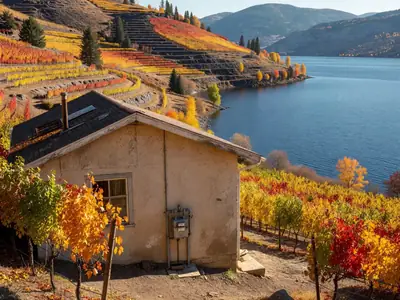 A house on a hillside overlooking a lake with a gas meter on the side wall.