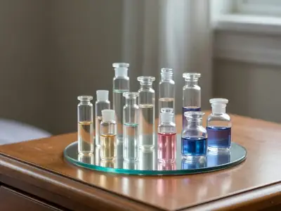 Small glass fragrance decant vials and a few mini perfume bottles on a mirrored tray.