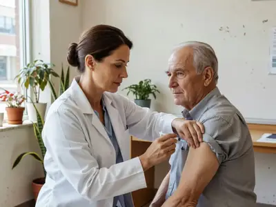 A pharmacist giving a vaccine in the upper arm of a man in his seventies.