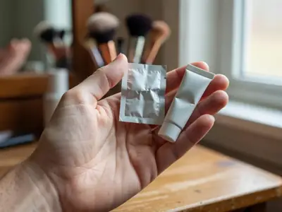 A hand holding a tiny sample sachet and a mini skincare tube over a vanity.