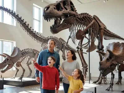 A family exploring a free museum gallery with dinosaur skeletons.