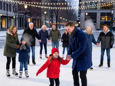 Families skating on a free outdoor public rink in a city square.