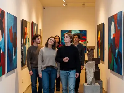 Young adults wandering an art gallery at an evening event, looking at paintings.