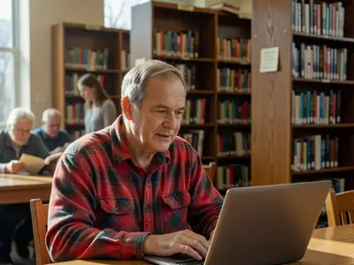 A retired man taking an online course on a laptop at a public library table.