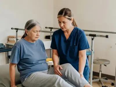 A physiotherapist helping an older woman with a leg exercise on a treatment table.