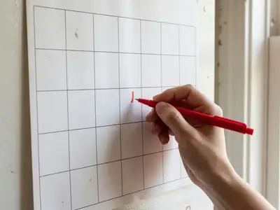 A hand marking a date on a plain paper wall calendar with a red pen.