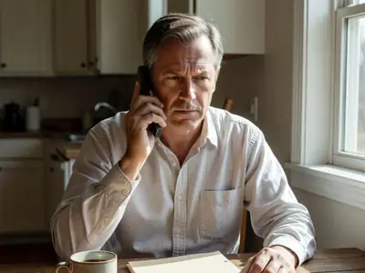 A determined man on the phone at his kitchen table with a closed folder in front of him.