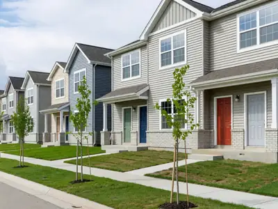 A quiet new-build townhouse street with small saplings and fresh sod.