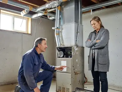 An HVAC technician kneeling beside an older gas furnace in a basement, explaining its condition to a homeowner.