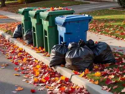 Green bins, a blue recycling box and black garbage bags at the curb in front of a house.
