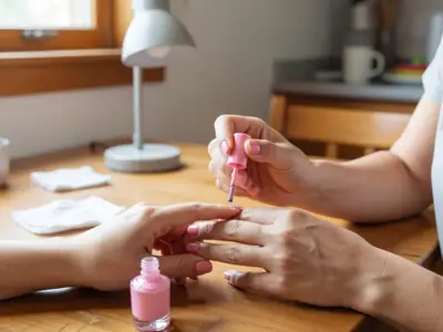 A woman's hands painting her own nails with a soft pink polish at a kitchen table.
