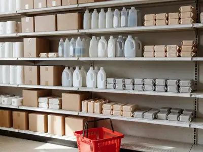 A small-town discount store aisle with household basics on shelves.