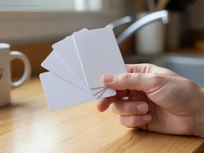 A hand holding a few blank gift cards over a kitchen counter.