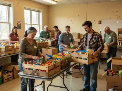 Volunteers packing food hampers at a community food bank.