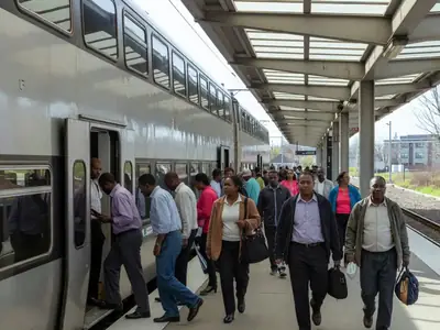 Commuters stepping off a double-decker commuter train onto a platform in the morning.