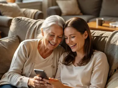 A grandmother and her adult daughter looking at photos on a phone together, laughing.