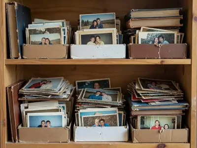 A shelf of old shoeboxes of printed photos and a few photo albums.