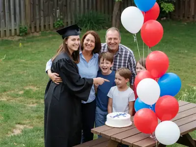 A high school graduate in a cap and gown celebrating with family in a backyard.