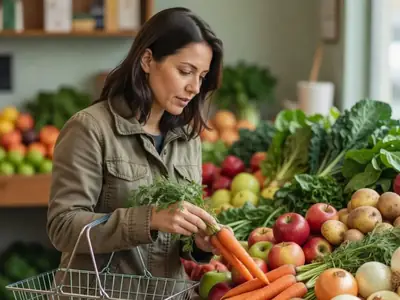 A shopper compares produce in a Canadian grocery store with a basket on her arm.