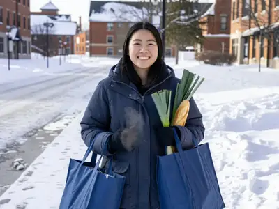 An international student in a winter coat carrying two full grocery bags along a snowy sidewalk.