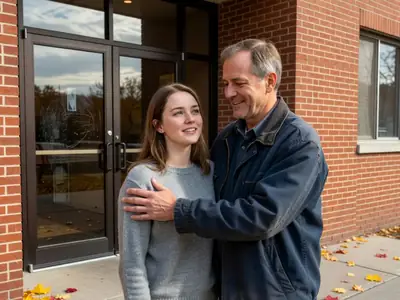 A young woman and her father standing together outside an apartment building entrance, the father with a reassuring hand on her shoulder.