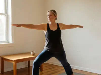 A woman doing a yoga workout on a mat in her living room.