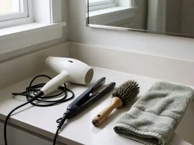 A hair dryer, a straightener and a round brush laid out on a bathroom counter.