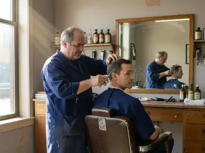 A barber giving a man a haircut in a small neighbourhood barbershop.