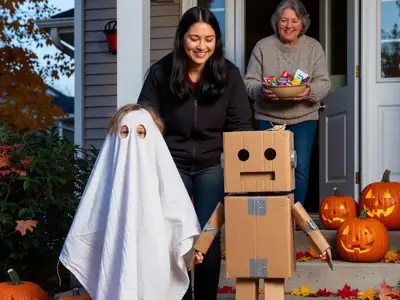 A parent and two children in simple homemade costumes, one a ghost made from a sheet and one a cardboard robot, walking up to a porch with carved pumpkins.