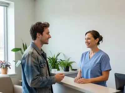 A young freelancer at a dentist's office reception, chatting with the receptionist.