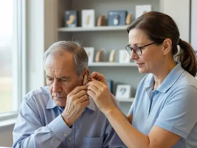 An older man trying on a hearing aid while an audiologist adjusts it at a counter.