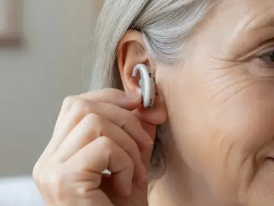 An older woman's hand holding a small modern behind-the-ear hearing aid near her ear.
