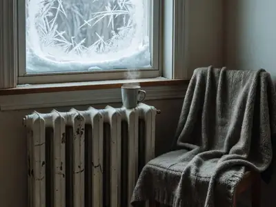 An old cast-iron radiator under a window in a rental apartment with a mug of tea on the sill.