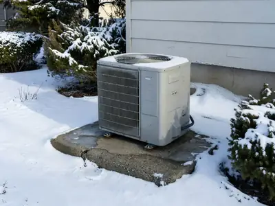 A heat pump outdoor unit on a concrete pad beside a house with snow around it.