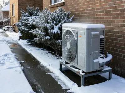 An outdoor heat pump unit on a stand beside a brick house, lightly dusted with fresh snow.