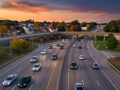A wide multi-lane highway curving through suburbs with light traffic at dusk.