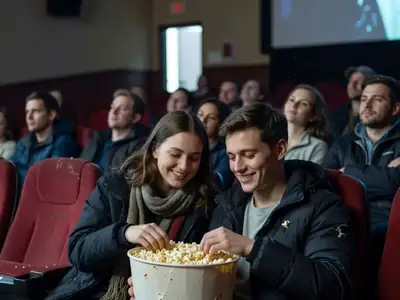 Two friends sharing a large tub of popcorn in a dark cinema, faces lit by the screen.