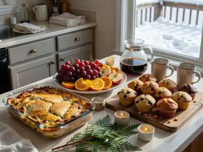 A holiday brunch buffet on a kitchen island with a breakfast casserole, a platter of fruit, muffins, a coffee carafe and mugs.