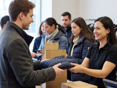 A young man at a store returns counter handing a folded knitted sweater back to a smiling cashier.