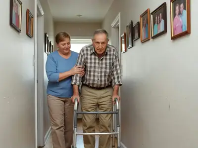 A personal support worker helping an elderly man walk down his hallway with a walker.