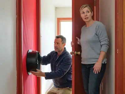 An energy auditor setting up a blower door fan in a front doorway while the homeowner holds the door.