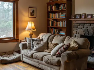 A cosy family living room with a sofa, a bookcase and a fireplace.