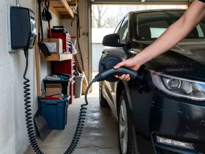 A hand plugging a charging connector into the port of an electric car parked in a garage.