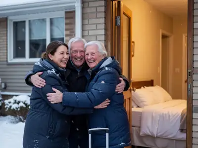 A host greeting her parents arriving with suitcases at the front door, everyone hugging and smiling.