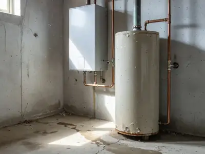 A compact tankless water heater mounted on a basement wall next to an older tank water heater.