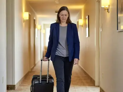 A woman in her forties walking down a hotel corridor pulling a carry-on suitcase.